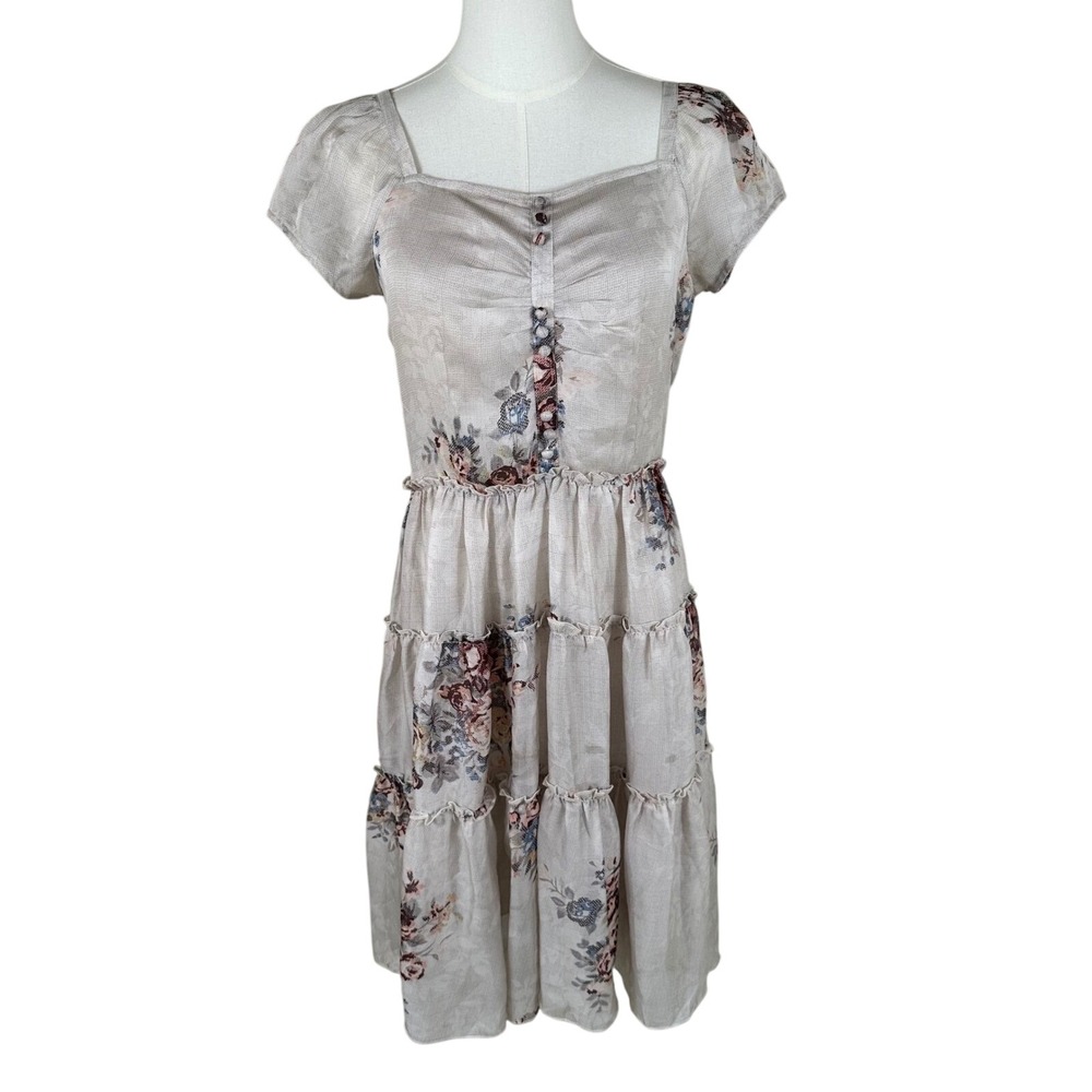 Floral Tiered Dress Women XL Fit Medium Beige Cottagecore Romantic Prairie - Picture 1 of 9